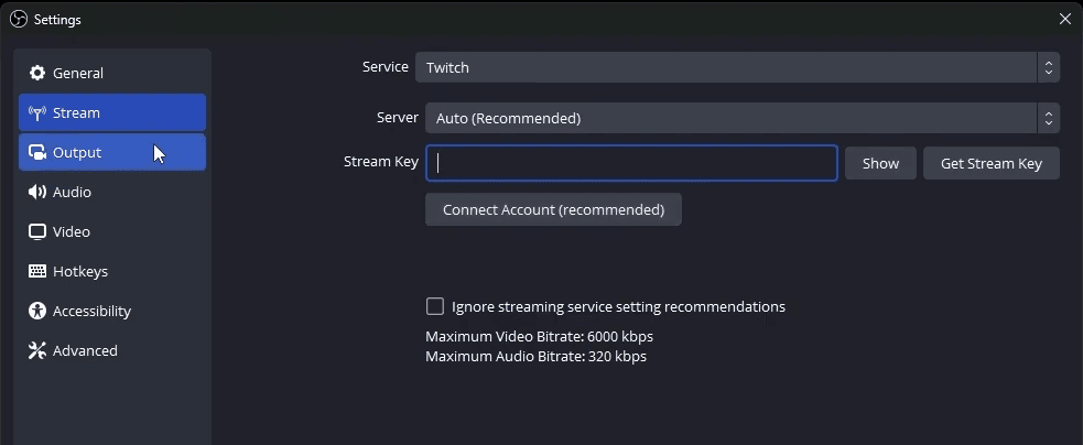 OBS Studio - Stream tab